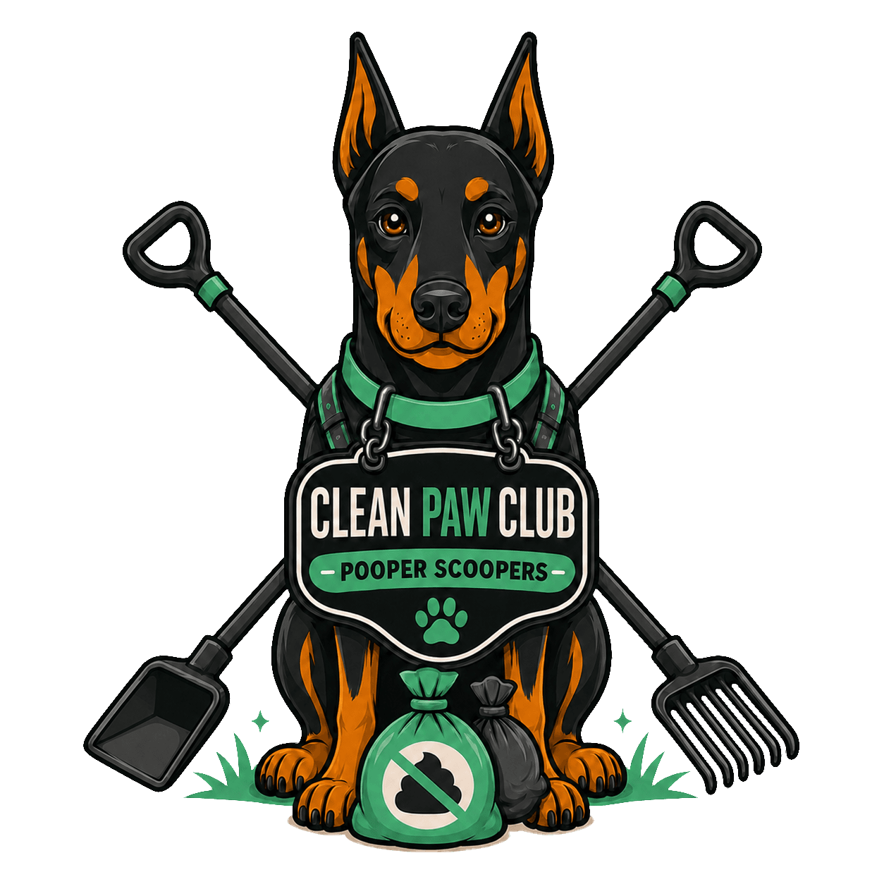 Clean Paw Club Poop Duty Doberman mascot with scooping tools